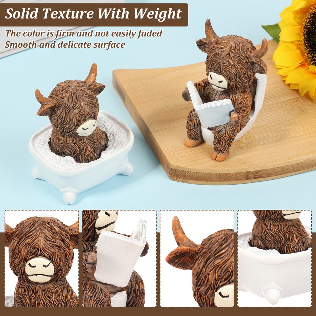 2 Pcs Scottish Highland Cow Resin Figurines Funny Bathing & Reading Highland Cow Statue for Office Bathroom and Home Decoration