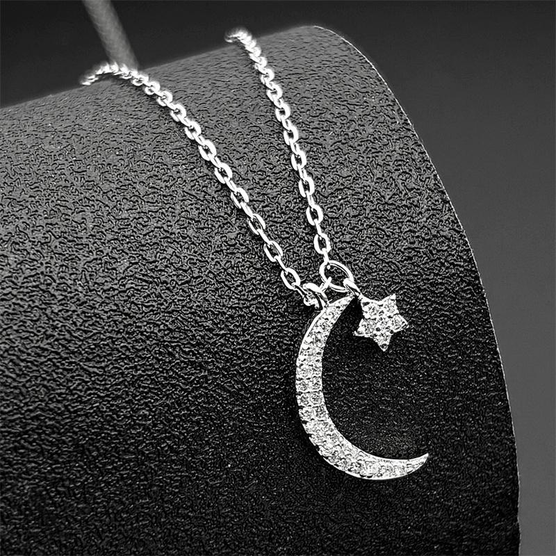 Luxury 925 Sterling Silver Crescent Moon Star Zircons Pendant Necklace for Women Girl Islamic Charms Choker Chain Jewelry Gift