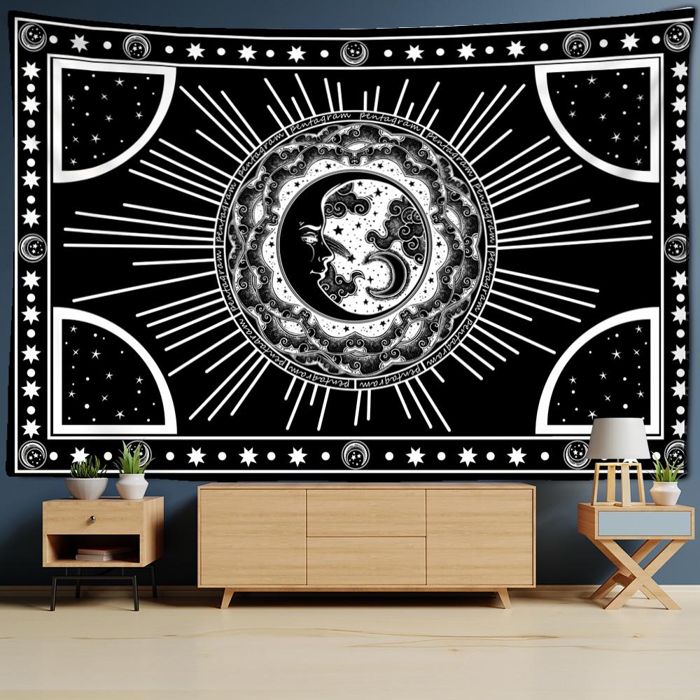 Soare, Lună, stea, tapiserie agățată pe perete, iluzorie, vrăjitorie abstractă, imprimare în alb și negru, decor boem pentru dormitor