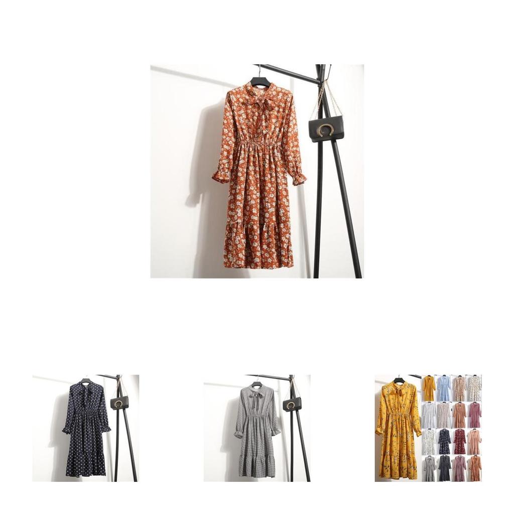 Elegante Abito Lungo Maxi Floreale in Chiffon a Maniche Lunghe da Donna per la Primavera 2018, Casual, da Festa, Vintage, Boho, in Colori Affascinanti