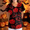 Women V Neck Loose Fit Printed Short Sleeve Top with Pockets Halloween Themed Bat and Cloud Pattern Comfortable Scrub Shirt