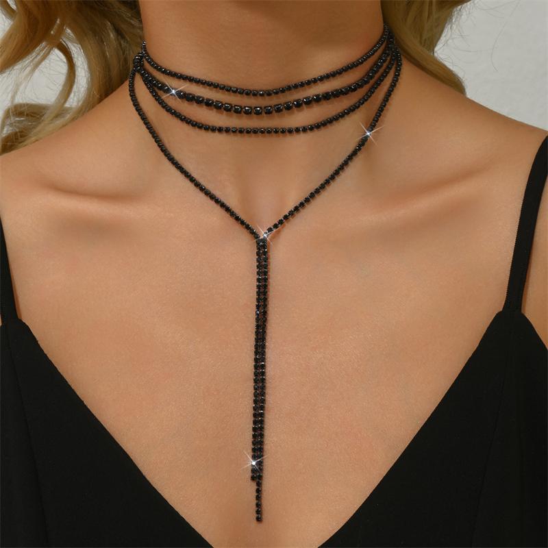 Multi-Row Rhinestone Long Tassel Necklace for Women Light Luxury Elegant Black Crystal Chain Necklace Aesthetic Jewelry Gifts