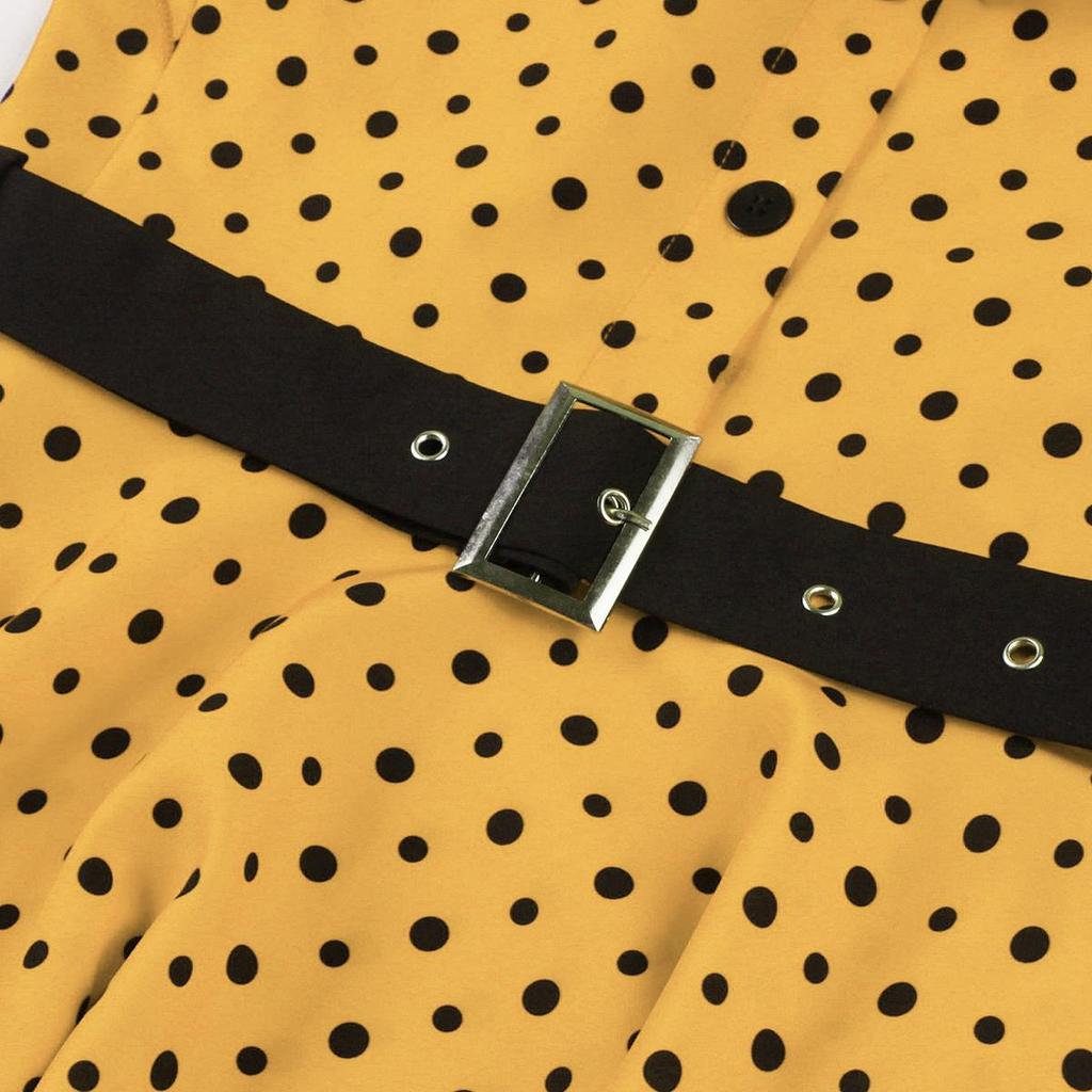 Sukienki biurowe dla kobiet z bufiastymi rękawami, granatowym kołnierzykiem, w kropki, sukienka typu swing retro dla dojeżdżających do pracy, z paskiem, z wysokim stanem, strój codzienny, strój do pracy i biznesu