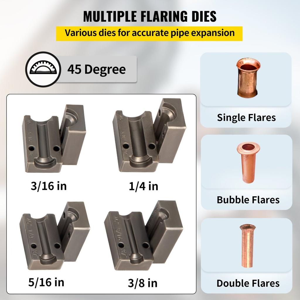 Brake Line Flaring Tool, 45 Degree Single, Double, and Bubble Flares for 3/16\", 1/4\", 5/16\" and 3/8\" Tube Size, Suitable for Soft Metal of Copper