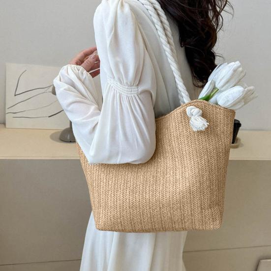 Women Straw Shoulder Bag Large Capacity Tote Bag Zipper Closure Casual Beach Bag for Daily Outings Travel Vacation Work