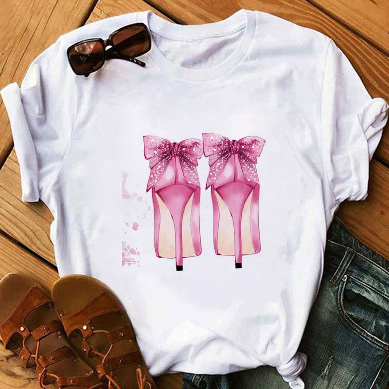 Korean Fashion Cute High Heels Graphic Ladies T-Shirt 90S Summer Harajuku Tees Loose White O-Neck Blouse Short Sleeve Women Tops