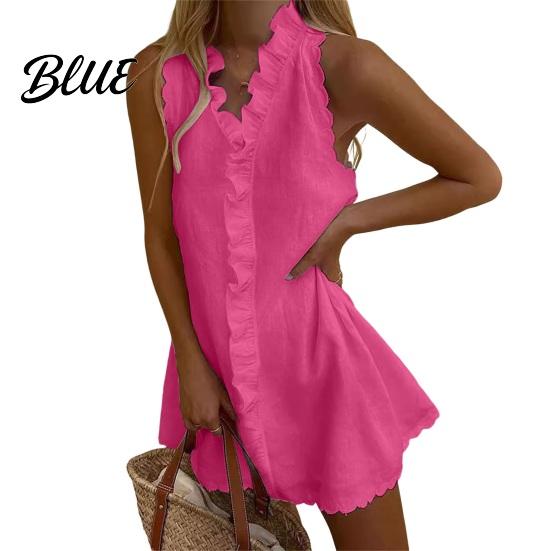 Lightweight Cotton Dress Summer Ruffle Mini for Women Sleeveless V Neck Beach Resort Wear Linen Short Dress Boho Vacation Casual A-Line Sundress