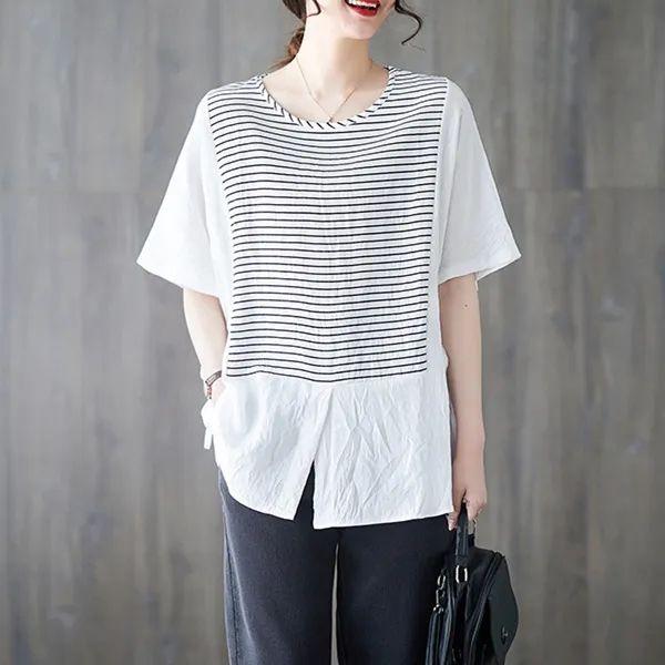 

Модные полосатые футболки в стиле пэчворк, летние футболки с коротким рукавом, свободные, однотонные, с разрезом, повседневные топы, футболки, винтажная трендовая женская одежда S белый