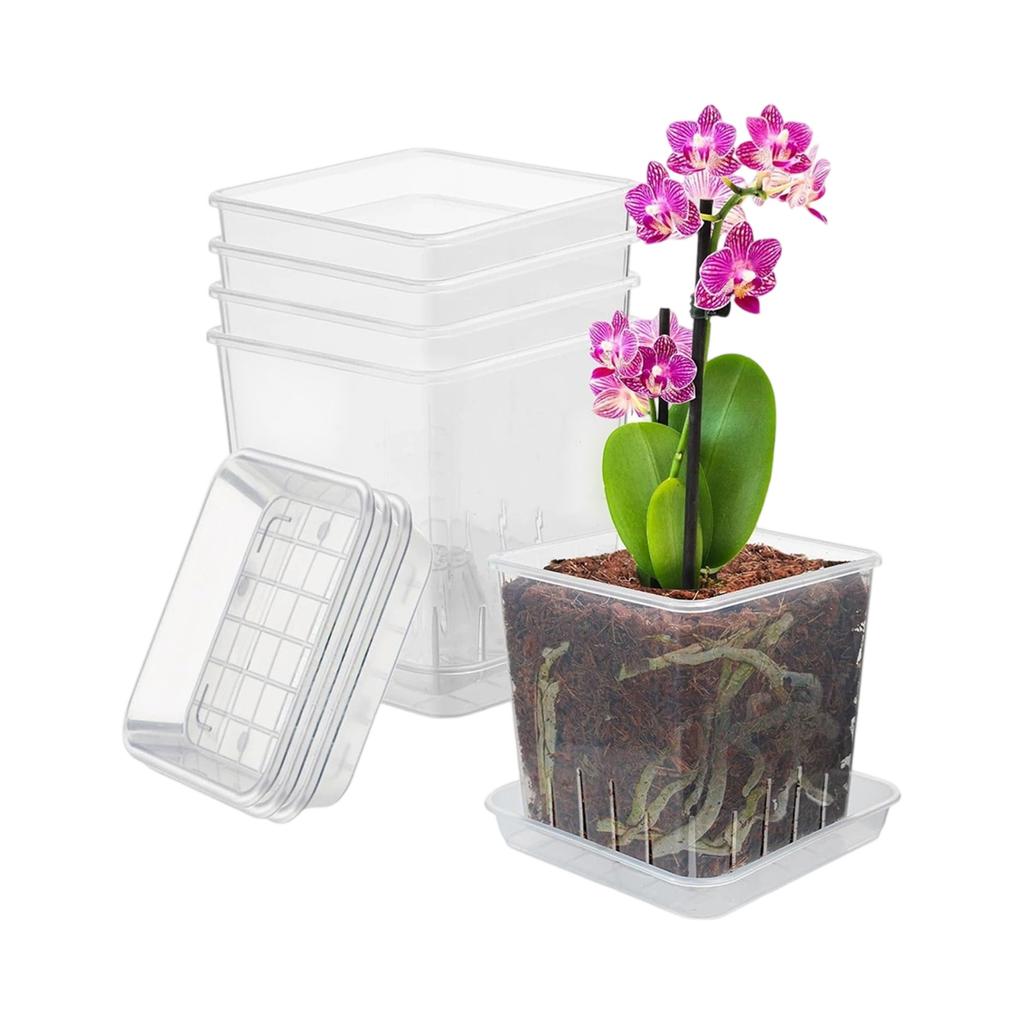 Reusable Transparent Plastic Flower Pots, Breathable Orchid Planters, Root Control Pots for Phalaenopsis Repotting, Clear Square Plant Pots
