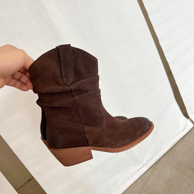 Fashion Western Boots Women Cow Suede Fashion Skin Lining Round Toe Ladies Street Sewing Boot Khaki Brown 5cm Block Heeled Ankle Boots