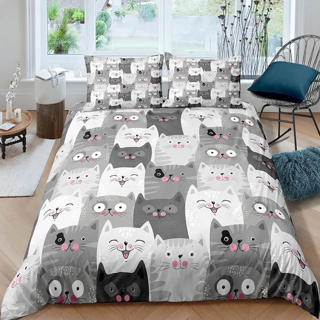 Cute Cat Animal 3D Printed Quilt Cover 100% Polyester Bedding Set Soft and Comfortable Duvet Cover and Pillowcase 2/3-Piece Set