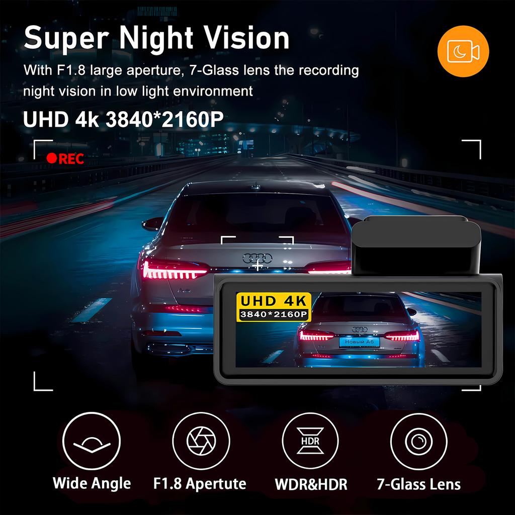 4K+2.5K Dash Cam Dual Lens 2160*3840P Recording Car Camera Built-In WiFi GPS DVR Dashcam Night Vision Video Recorder 24H Parking