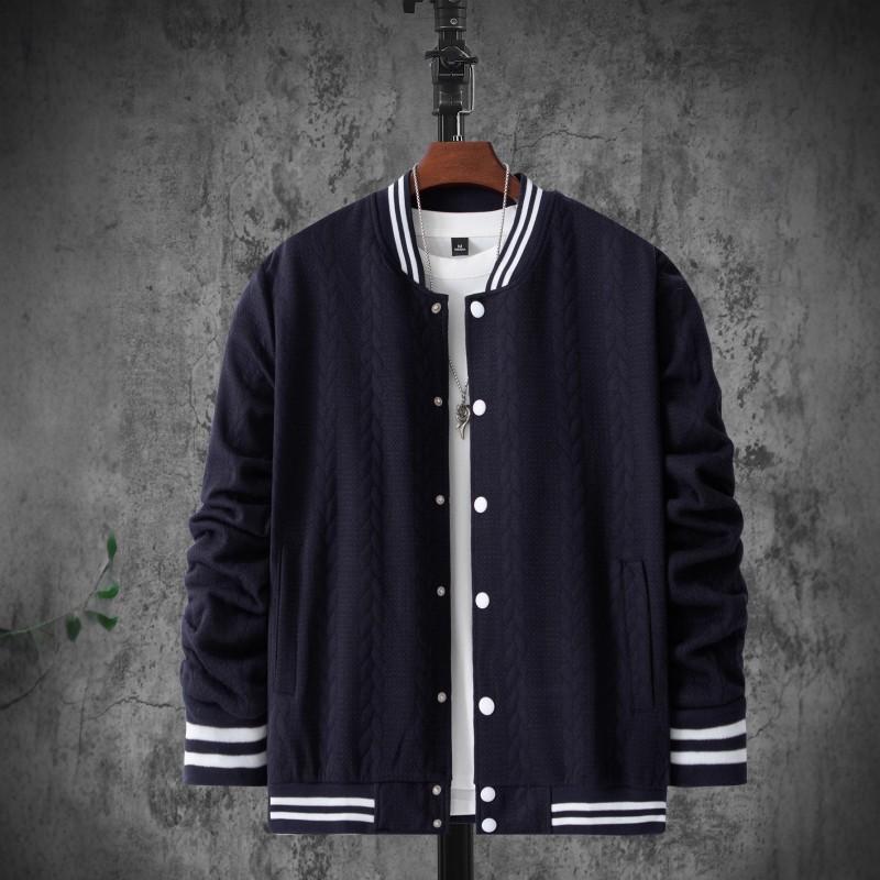 Mens Winter Casual Knit Baseball Jacket With Jacquard Single-Breasted Stand Collar Slim Fit