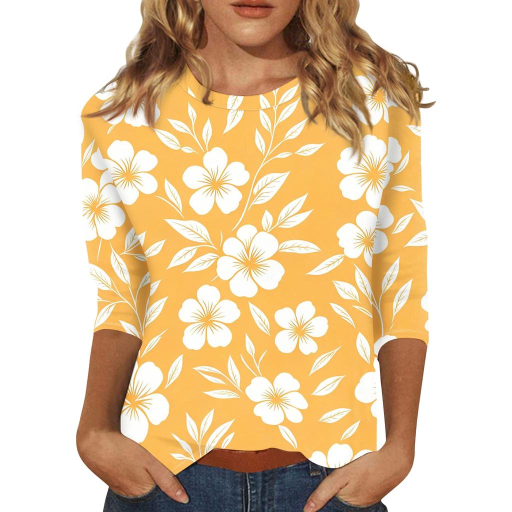 Damen Casual Dreiviertelarm Blumenprint Rundhalsausschnitt Oberteil Leichter Weicher Stoff Bequeme Passform Bluse für den Alltag