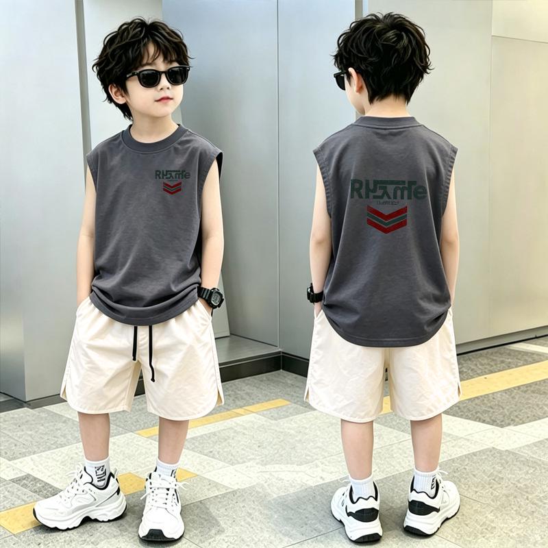 Boys' Trendy Cotton Sleeveless Vest & Shorts Set - Summer Two-Piece for Medium and Large Children