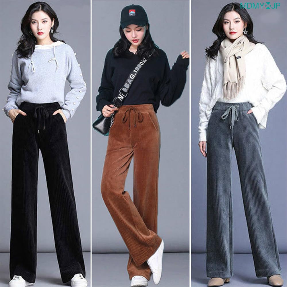 MDMYXJP Veludo Cotelê Perfeito para o Outono e MD371 Calças Femininas, de Perna Larga, Forradas com Lã, Quentes, Longas, de Cintura Alta, Inverno, (JP, Alfabeto, L, Preto)