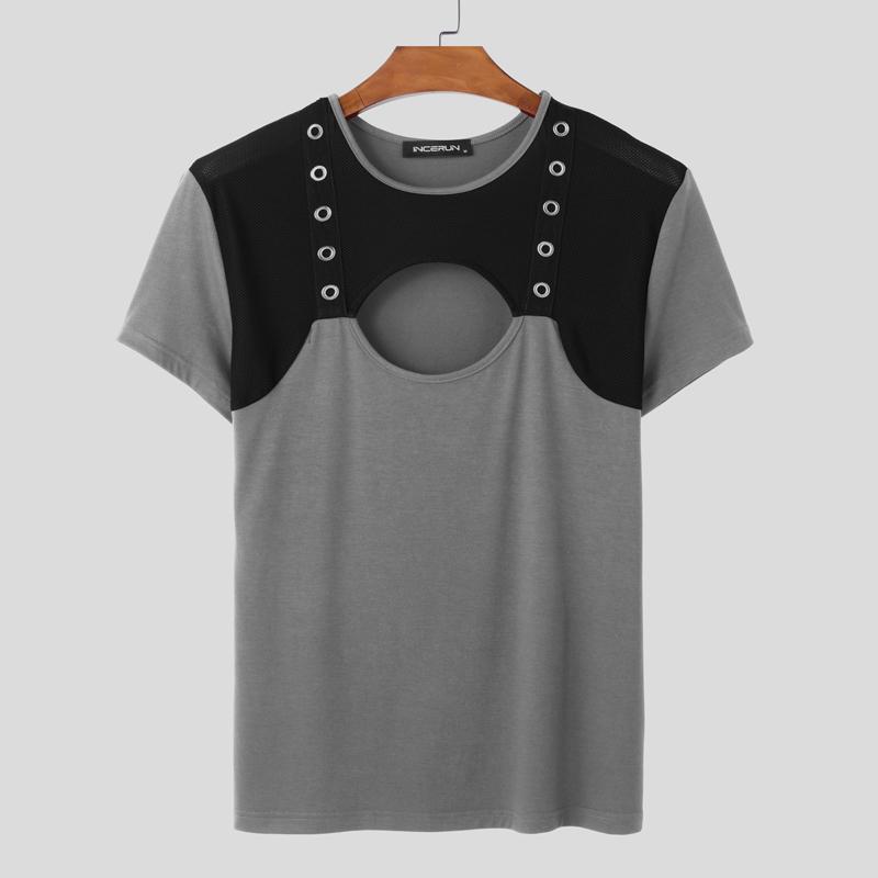 INCERUN Sommer Herren Kurzarm Mesh Transparent Patchwork Ausgeschnitten Skinny T-Shirts