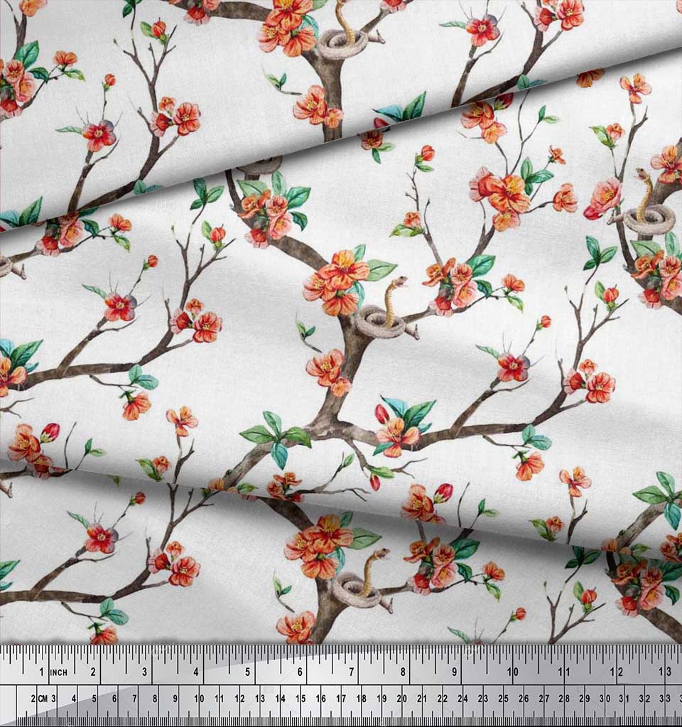 Soimoi Japonská krepová saténová látka Had, listy a květy, květinový potisk v metrech 42 palců