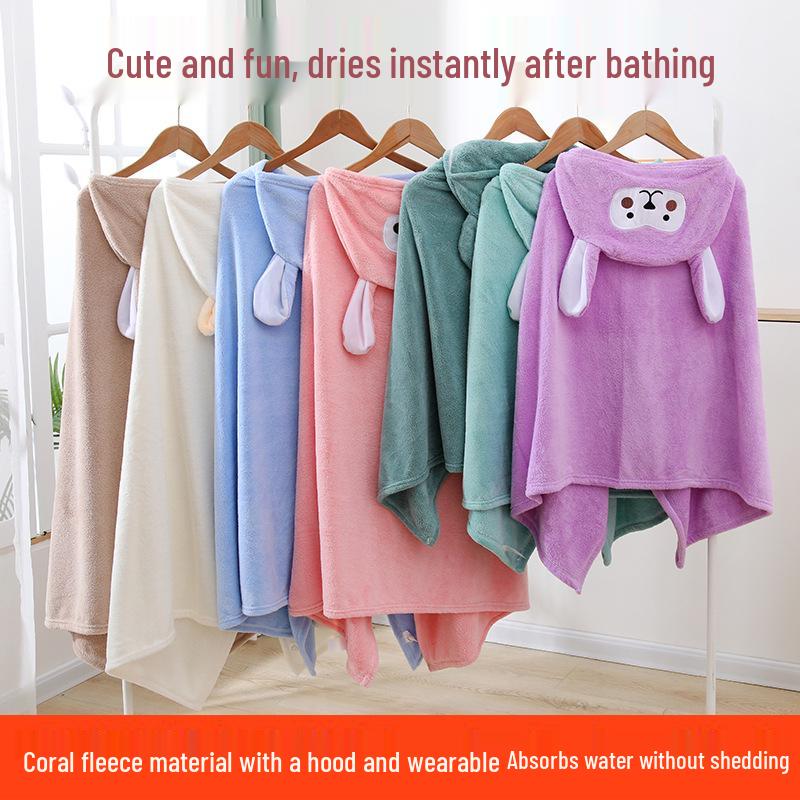 Cartoon Hooded Quick-Dry Coral Fleece Baby Poncho Towel