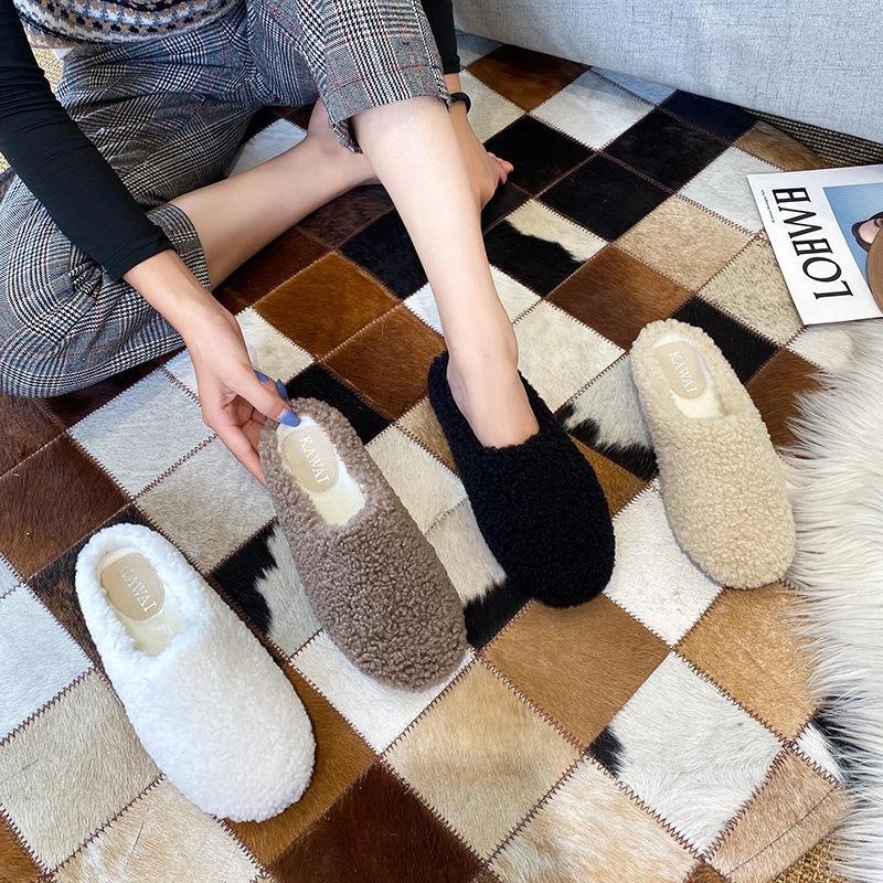 Fashion Plus Size 34-43 Luxury Lambwool Mules Winter Shoes Woman Flip Flops Flat Cover Toe Slides Ins Warm Curly Lamb Fur Slippers Women