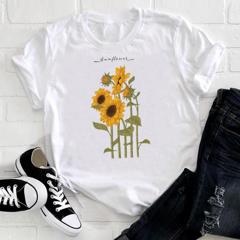 (European Size) 90s Tee Top Fashion Flower Watercolor Lovely T Shirt Clothing Casual Short Sleeve Women Print Lady Female Graphic T-shirt
