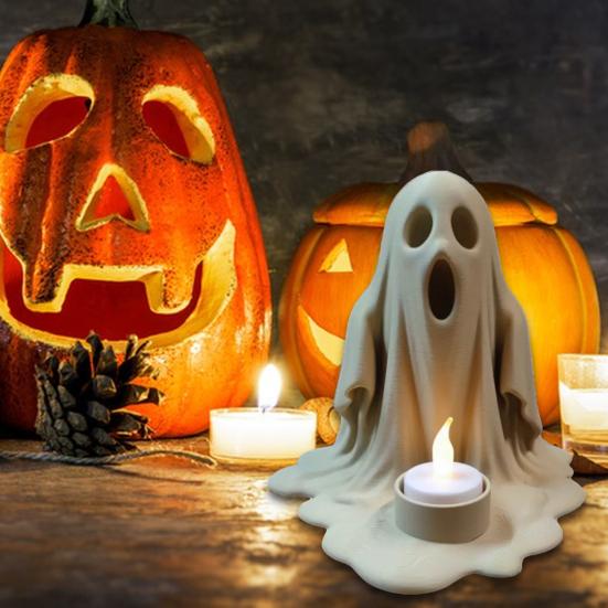 Ghost Candle Holder with Flameless LED Candle Lamp 3D Printed Halloween Decoration Desktop Ghost Ornament for Table Centerpiece Shelf