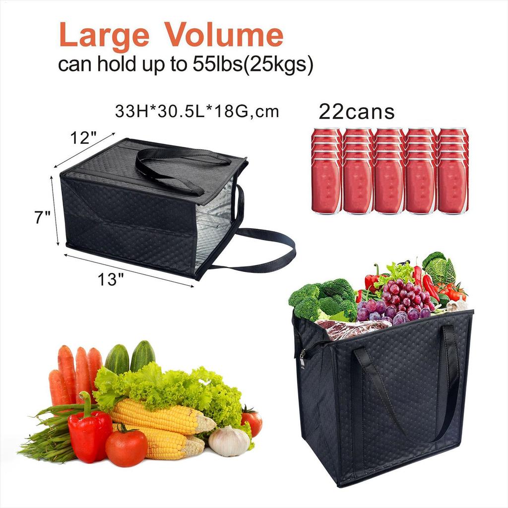 2Pcs Insulated Grocery Bags 30x18x33cm, Reusable Tote with Zipper Top, Thermal Shopping Cooler for Food Drink Travel Picnic