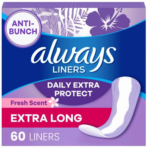 

Always Daily Extra Protect Liners, Extra Long, Scented Panty Liners, Up to 10 Hours of Clean Comfort, 60 Count (Packaging May Vary)