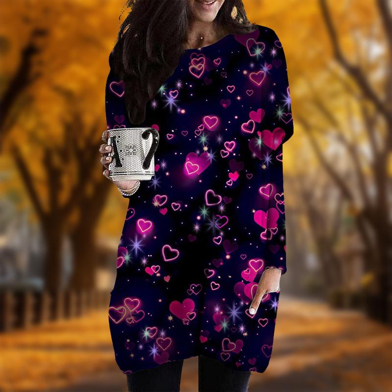 

Новинка осени Неоновый принт Love Plus Size Dress Женские повседневные платья с круглым вырезом и длинными рукавами с карманами 6XL розовый