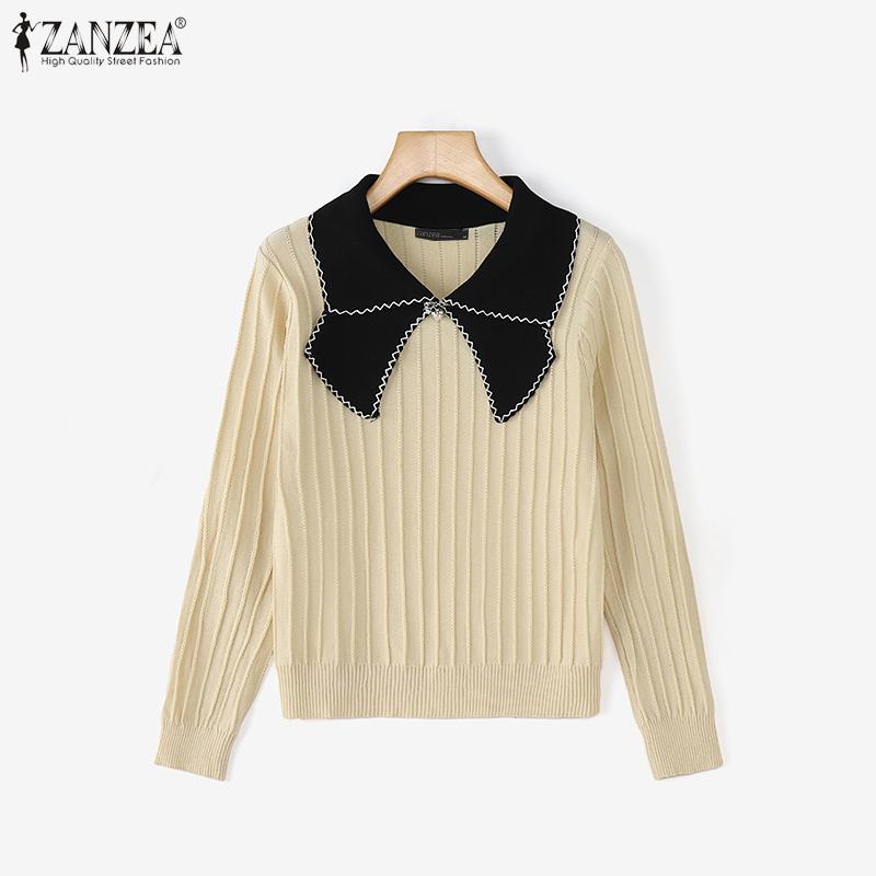 

ZANZEA Женские повседневные свободные свитера-джемперы с лацканами, длинными рукавами и пэчворком One Size абрикосовый