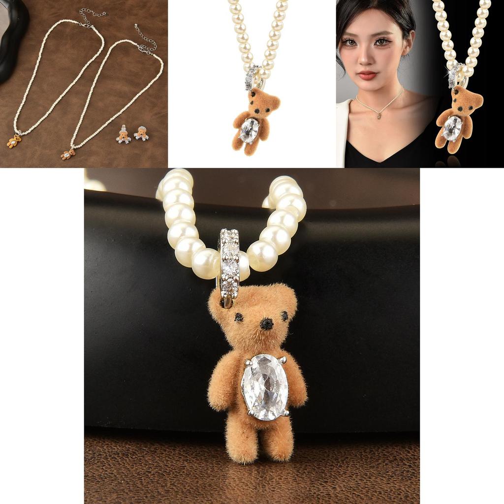 Trendy And Sweet Plush Bear Pearl Necklace For Women Perfect For Fashionable Accessories
