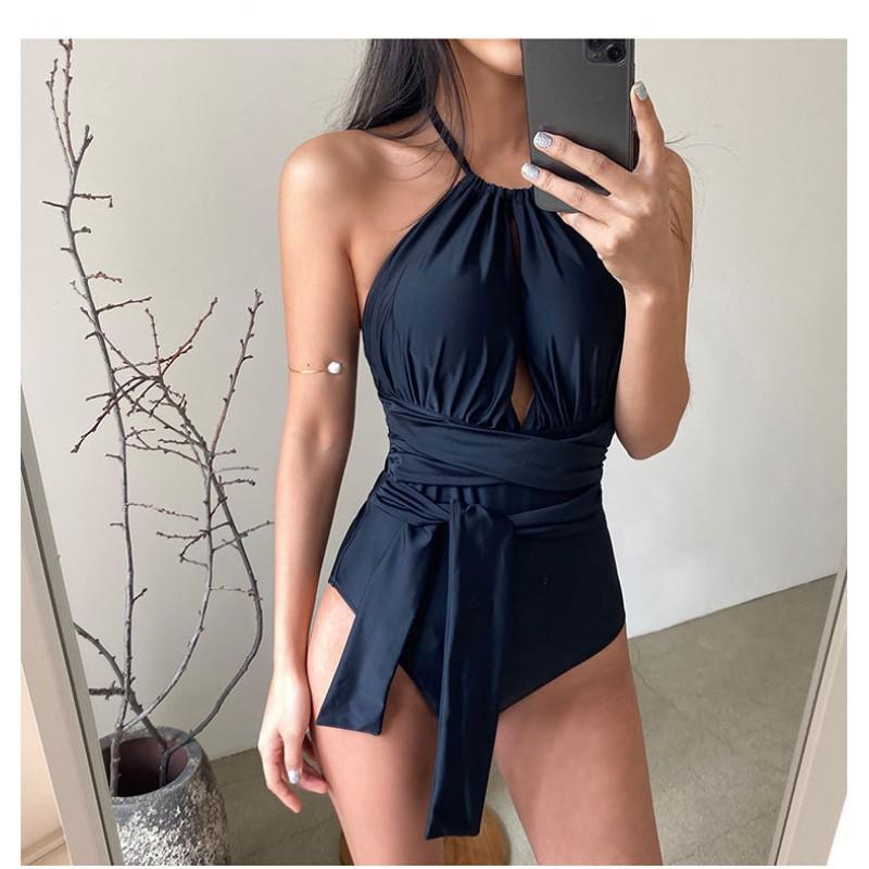 Modest One-Piece Swimsuit Women With Neckline Support Tummy Control Slimming Fit Solid Color Bathing Suit