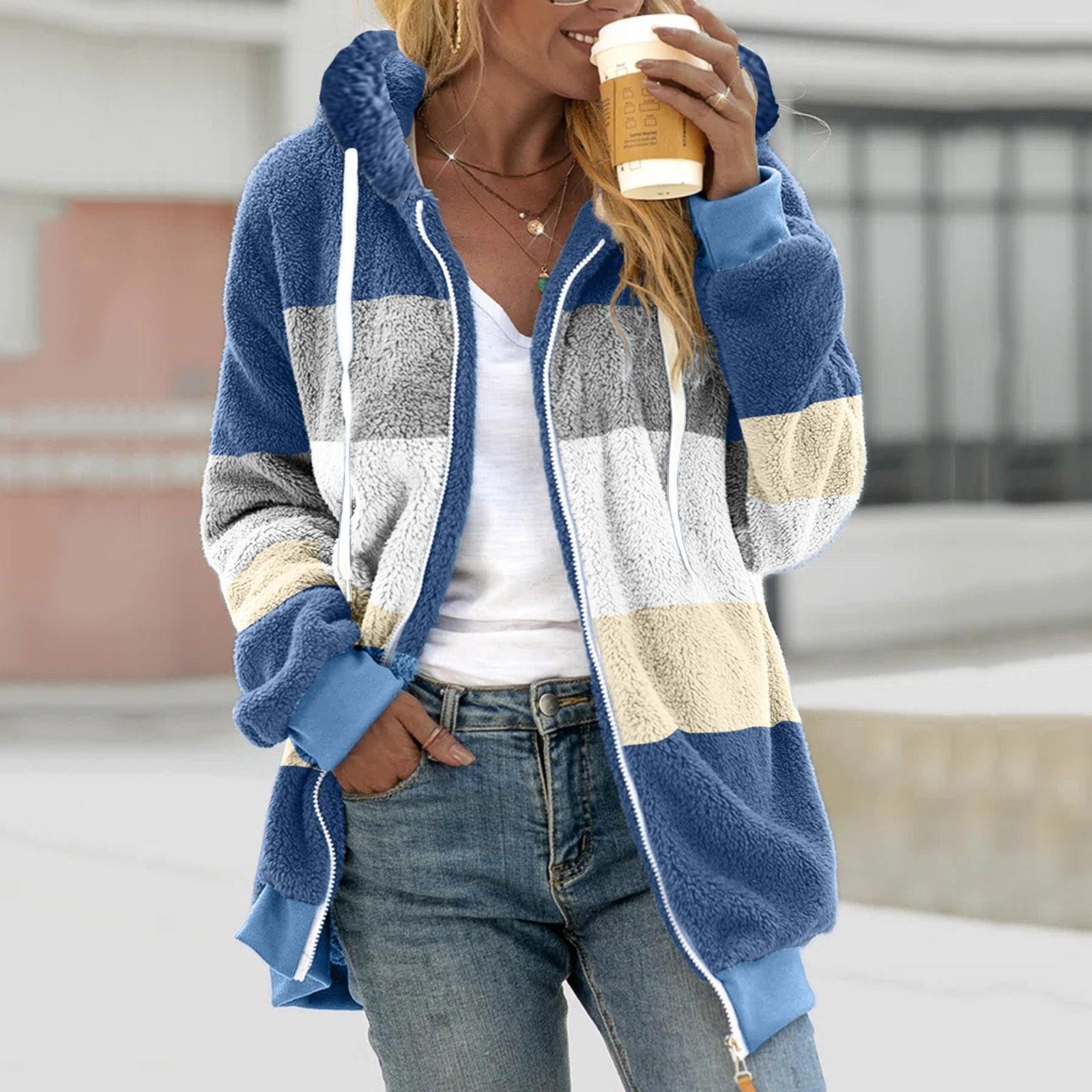 

Женская мода шить свободные толстовки с длинным рукавом плюшевое пальто на молнии XXXXL синий