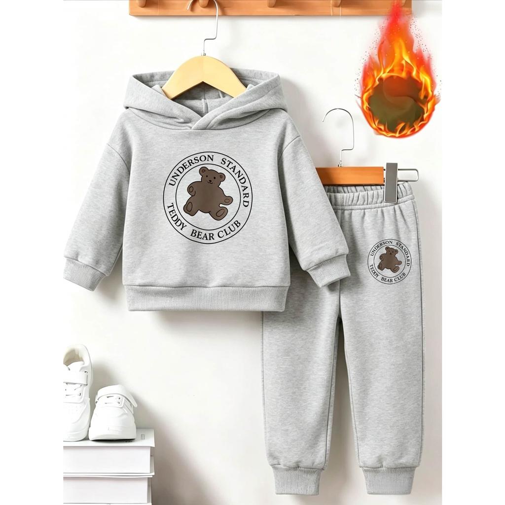 Classic bear print children's warm sports outfit with autumn/winter anime print - long-sleeved hoodie set