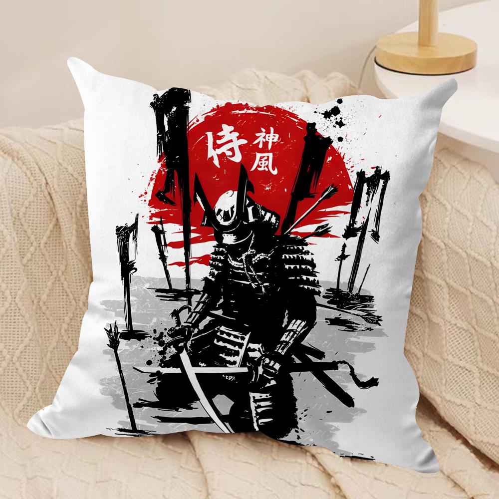 Japanese Style Ink Samurai Cushion Cover Silky Short Plush Invisible Zipper Dustproof Sofa Pillow Case for Home Decor