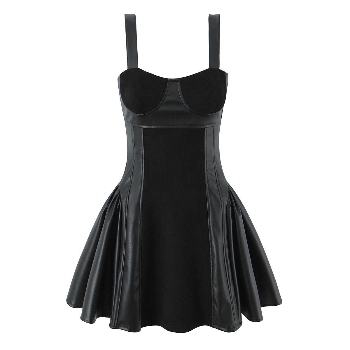 2025 Autumn European Style Women s PU Leather Patchwork Slimming Camisole Dress L