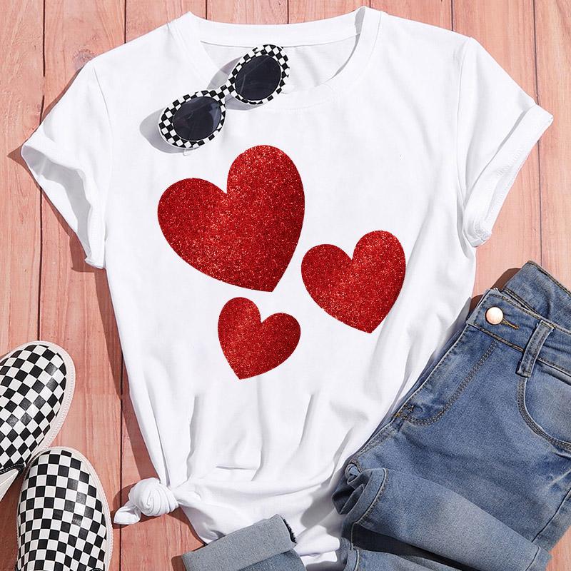 Sportswear Feminine Short Sleeve White Tshirt Clothes Heart Graphic Print T-Shirt Leisure Summer O-Neck Oversized Top Popular T