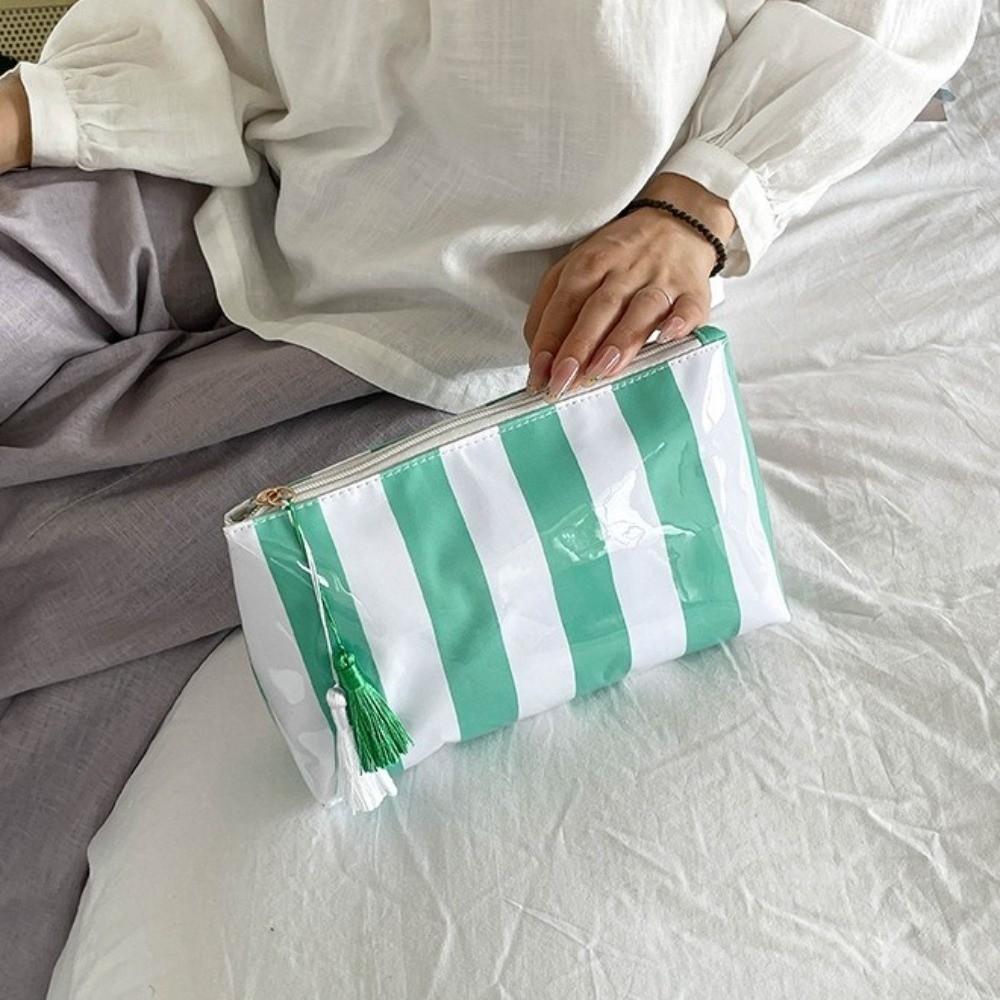 Waterproof Striped Cosmetic Bag Large Capacity Polyester Lining PVC Toiletry Bag Simple Contrasting Color Beach Storage Bag Gift