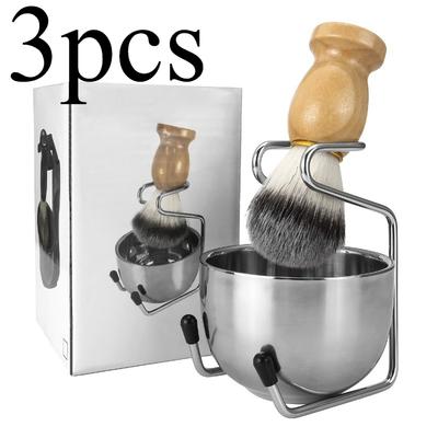 Herren Rasier-Set Pinsel + Halter + Edelstahl Rasierschale Weiche Gesichtsbürste Kombination