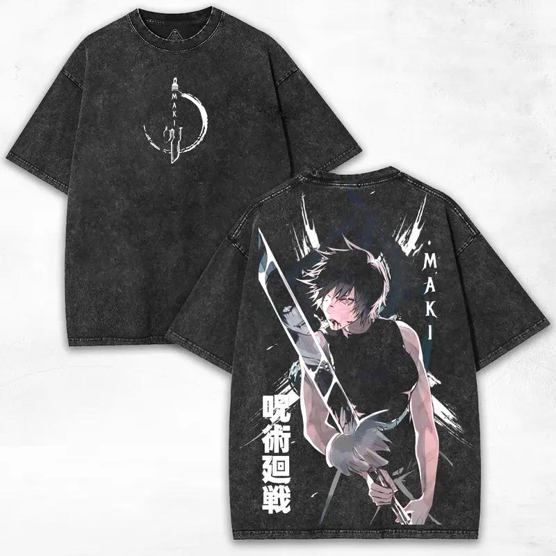 Zenin Maki Print T-shirt Anime Jujutsu Kaisen Tops Men Women Cotton Tshirts Retro Washed T Shirt Harajuku Casual Loose Clothing