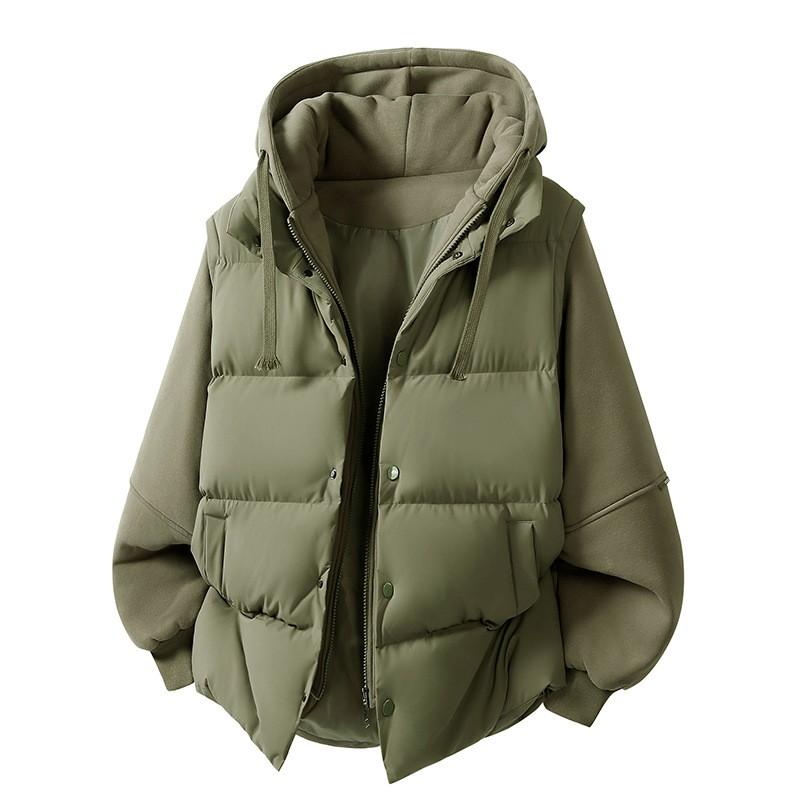 Mens Winter Puffer Jacket Faux Two-Piece Thick Hooded Loose Cotton Coat Teens