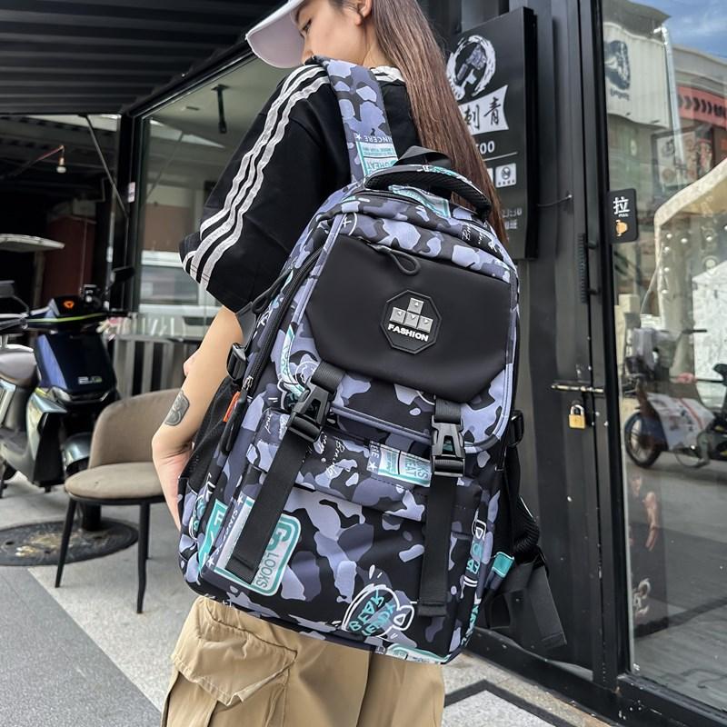 Fashion new simple large-capacity backpack, junior high school student schoolbag, male trend camouflage printing trend backpack