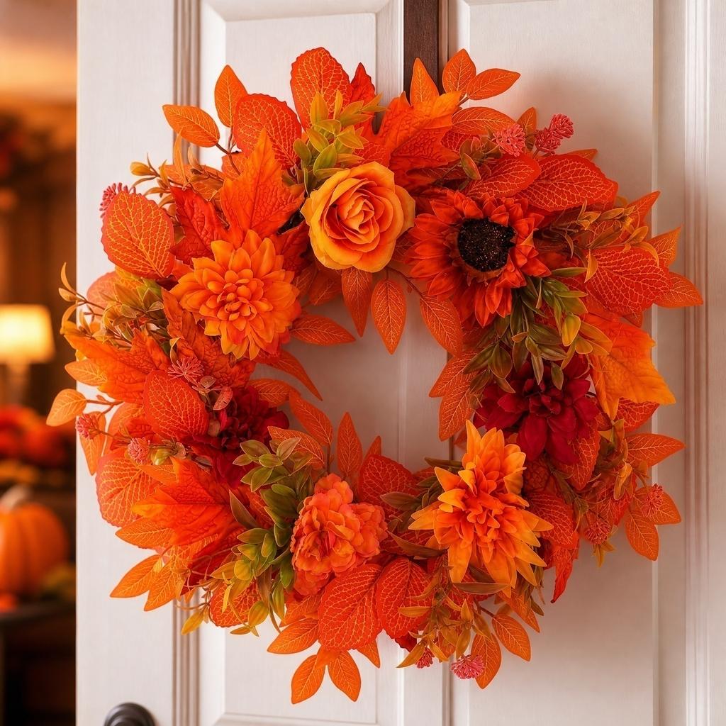50cm Orange Red Maple Leaf Thanksgiving Door Wreath - Artificial Fall Wreath for Front Door Celebration Decor