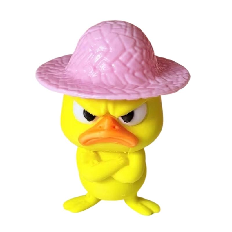 3D Printed Duck Figurine Set of 4 with Angry Face and Crossed Arm, Textured Hat Decorations for Office Desks, Display Shelves, and Entryways
