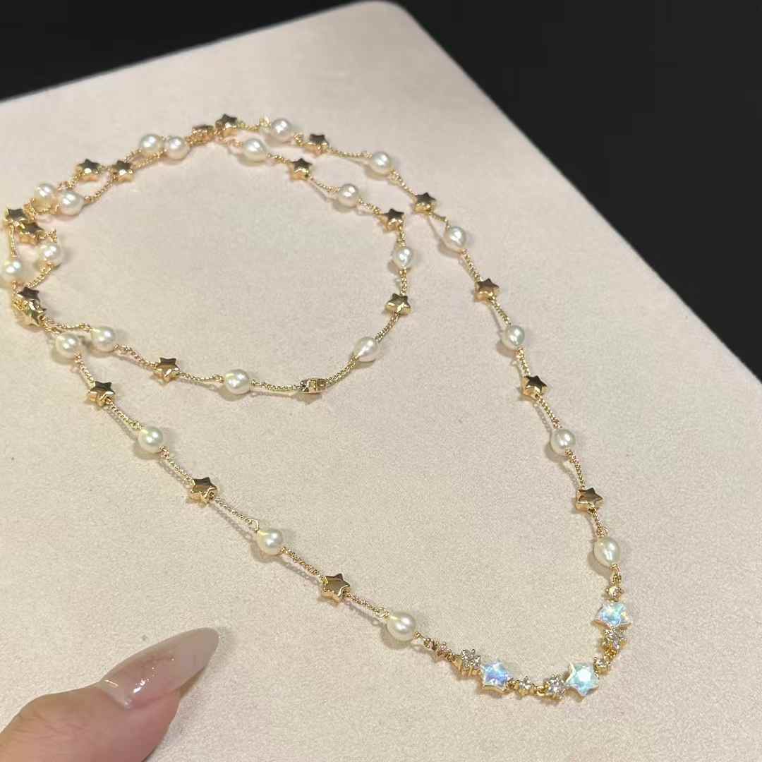 Starry Sky Sweater Chain 5-6mm Strong Light Freshwater Akoya Pearl Necklace 80CM Long Necklace 1 Piece 80cm&Freshwater Pearl