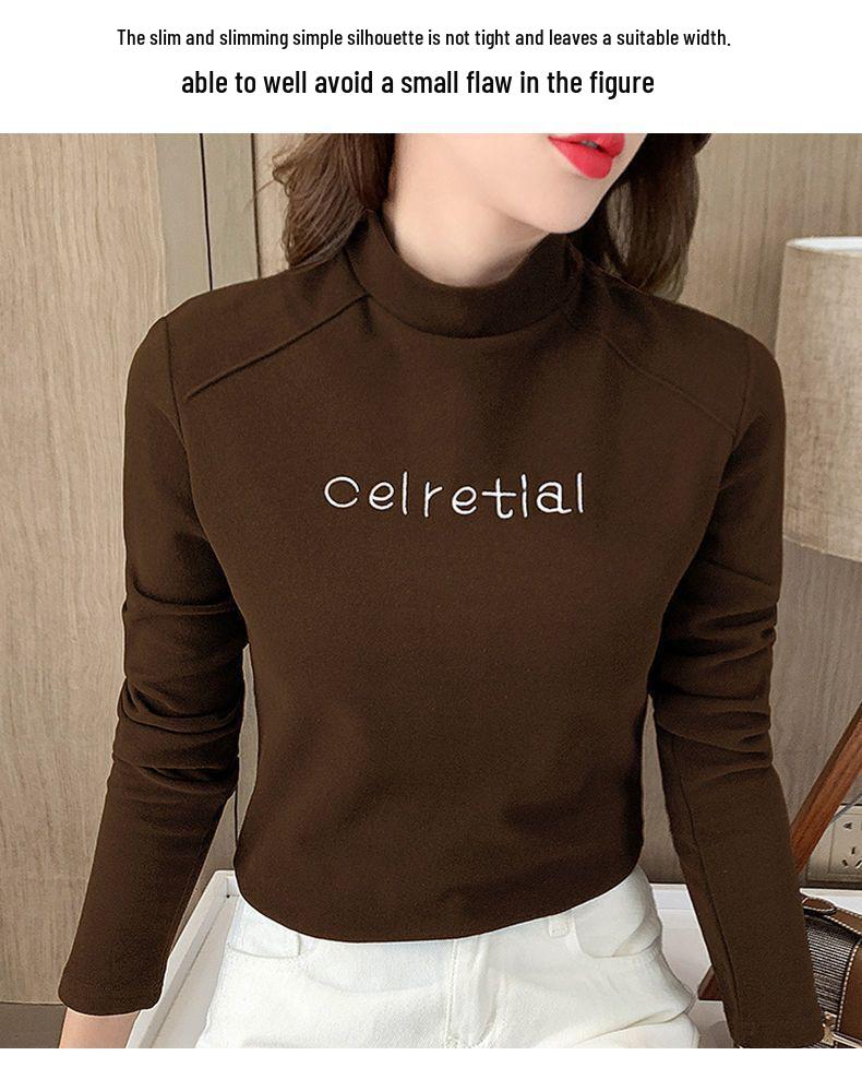 Women's Velvet Semi-High Neck Thickened Base Layer Top for Autumn and Winter