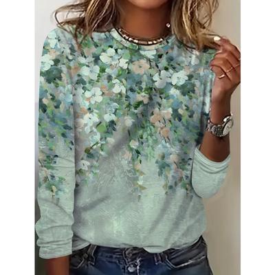 Lebhaftes Blumenmuster Langarm Rundhals T-Shirt - Weich, Atmungsaktiv, Lässiges Oberteil für Frühling & Herbst - Damenbequeme Kleidung für den Alltag