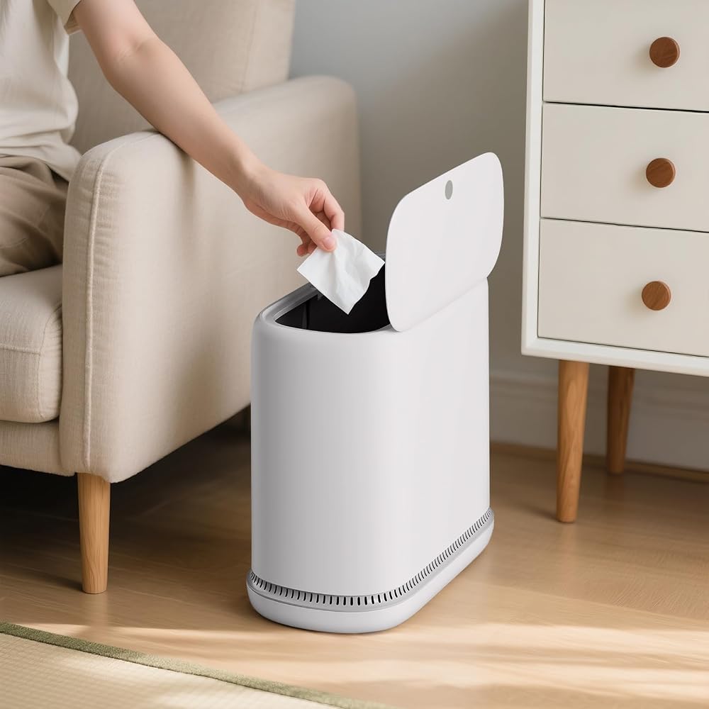 JUDRDO 125L Slim Sanitary Bin with Lid, Push-Type Opening, Small Size, Odor-Eliminating,
