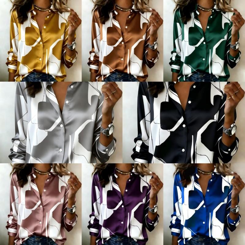 Women Satin Abstract Color Block Art Print Shirt Long Sleeve Lapel Button‑Down Blouse Elegant Office Casual Ladies Multi‑Color Top