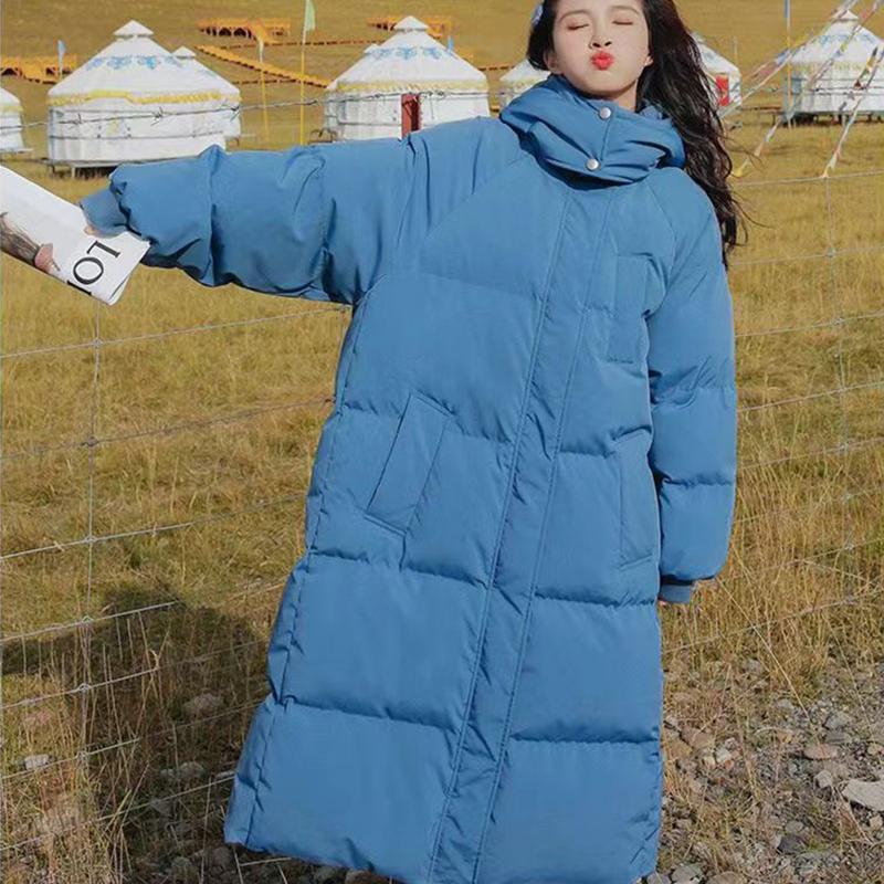 Warme Baumwolljacke für Herbst und Winter, Mittellange Überknie Daunen-Baumwolljacke, Koreanische Version Lockere und Dicke Kapuzen-Baumwolljacke, Lässige Baumwolljacke